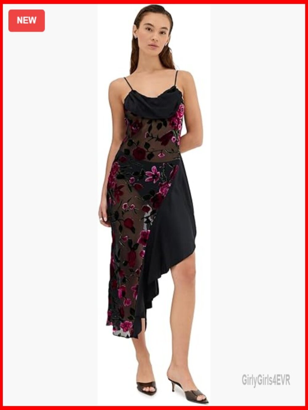 Women's Floral Devor Slip Dress Midi Satin Trim Bias Cut